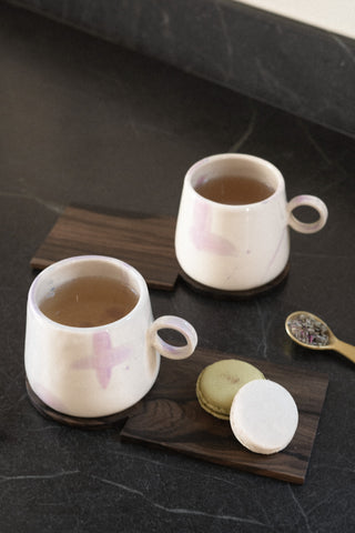 Earl Ceramics Brea Mugs with Tea, Dessert Trays, Macarons, and Yaizu Tea Scoop