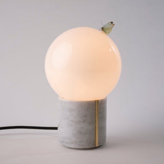&Jacob Nocte Table Lamp in White Marble Lit with Butterfly on Glass Dome