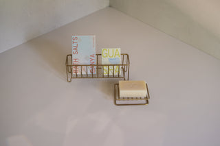 Opalite Gua Sha in Akita Narrow Stand with Banya Bath Salts and Banya Soap Bar in Nara Soap Stand