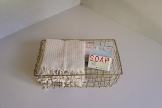 Banya Bath Salts and Soap in Nara Low Basket with Antalya Hand Towels