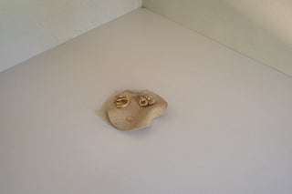 Stowe Ceramic Tray in Natural Speckled with Gold Earrings and Ring