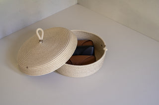 Navarre Lidded Loop Basket in Wide with Lid Open and Ray-Ban Sunglasses Cases Inside