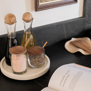 Yamuna Orb Cruet Set on Marble Lazy Susan with Mai Lidded Cellars