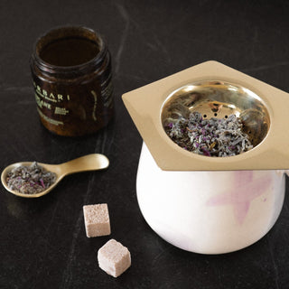 Yaizu Tea Scoop with Kensington Tea Strainer Over Brea Mug with Teaspressa Sugar Cubes and Loose Leaf Tea