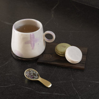 Yaizu Tea Scoop with Loose Leaf Tea Next To Amate Coaster in Ziricote with Brea Mug and Macarons