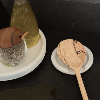 Tikal Pixi Cooking Spoon on Oaxaca Marble Spoon Rest on Counter