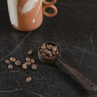 Xela Ziricote Coffee Spoon on Counter with Nichols Mug