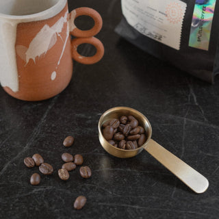 Yaizu Coffee Scoop with Bag of Coffee Beans and Nichols Mug