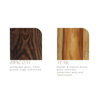 Itza Wood Finish Swatches in Ziricote and Teak